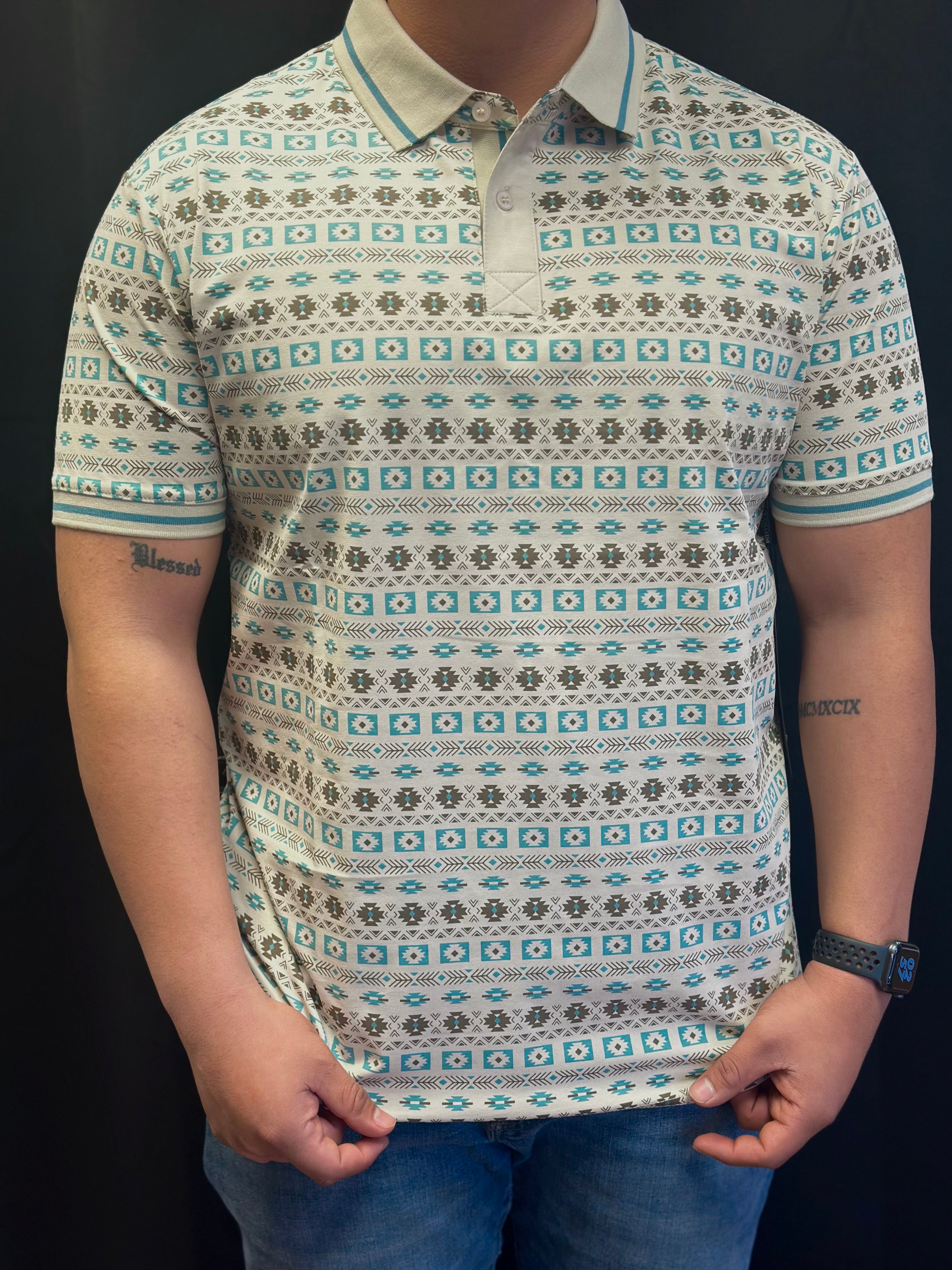 Teal/Beige Aztec Print Men Polos