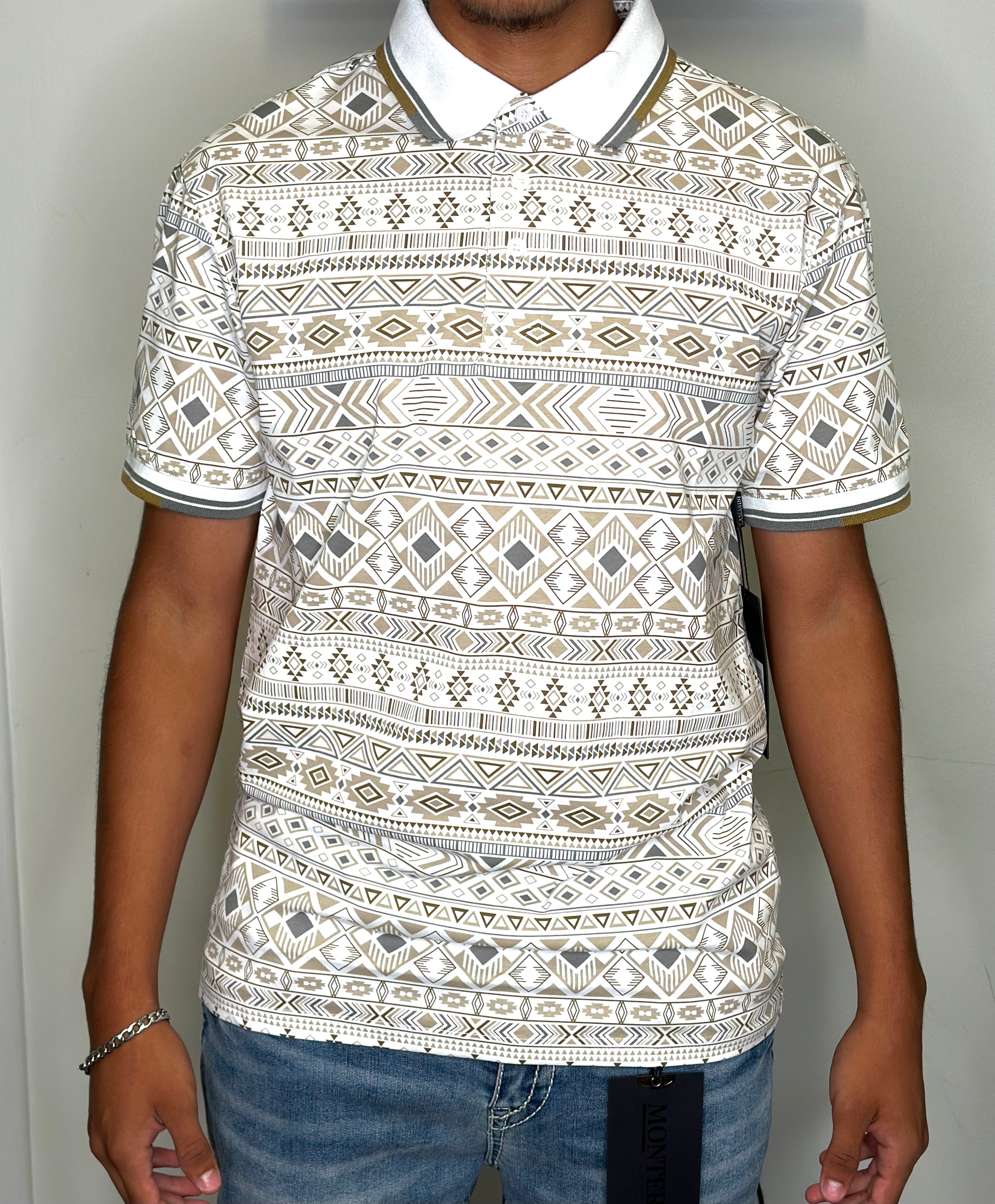 White/Gold Playera Aztec Pattern Men Tops