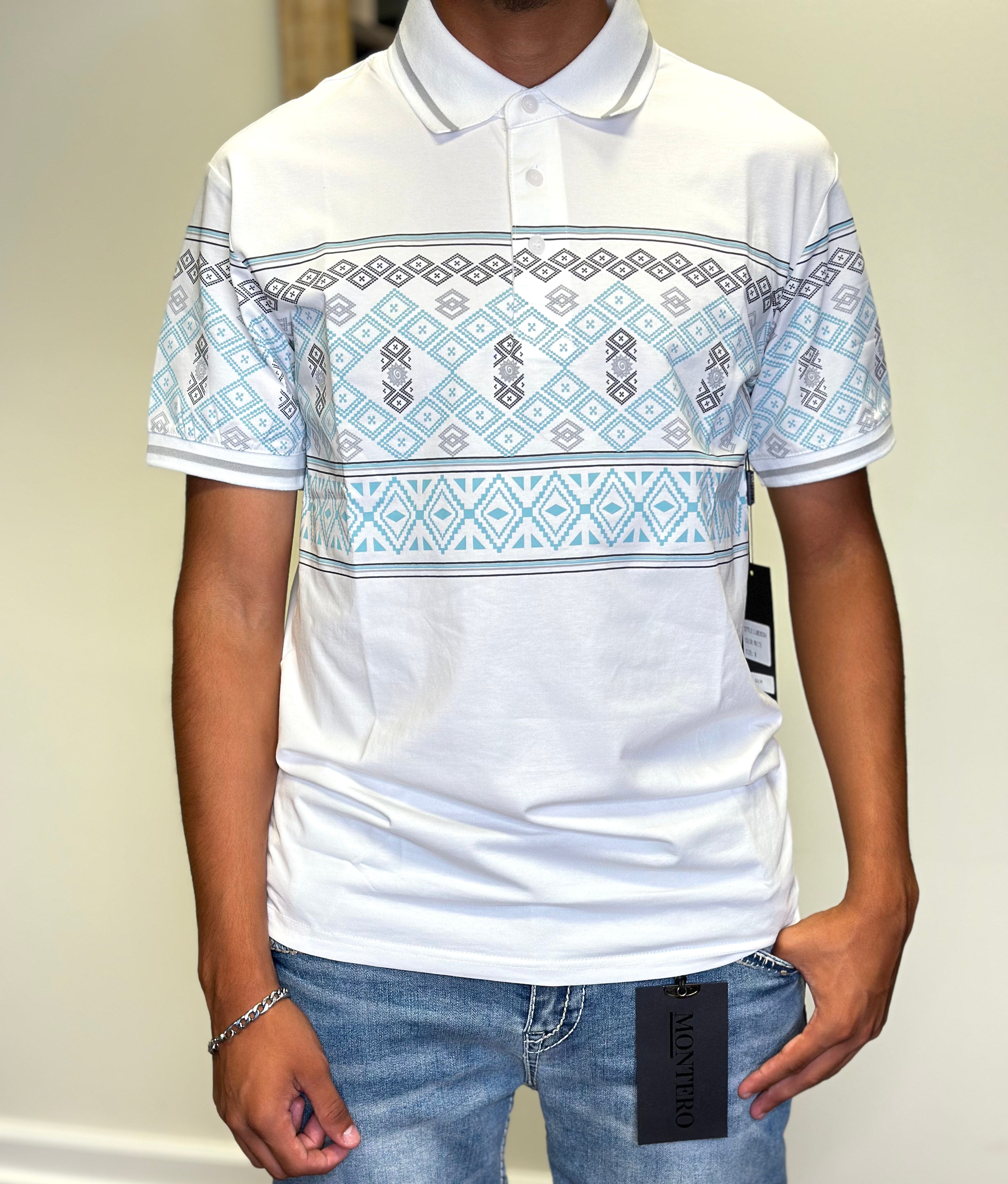 White/Mint Blue Playera Aztec Pattern Men Tops